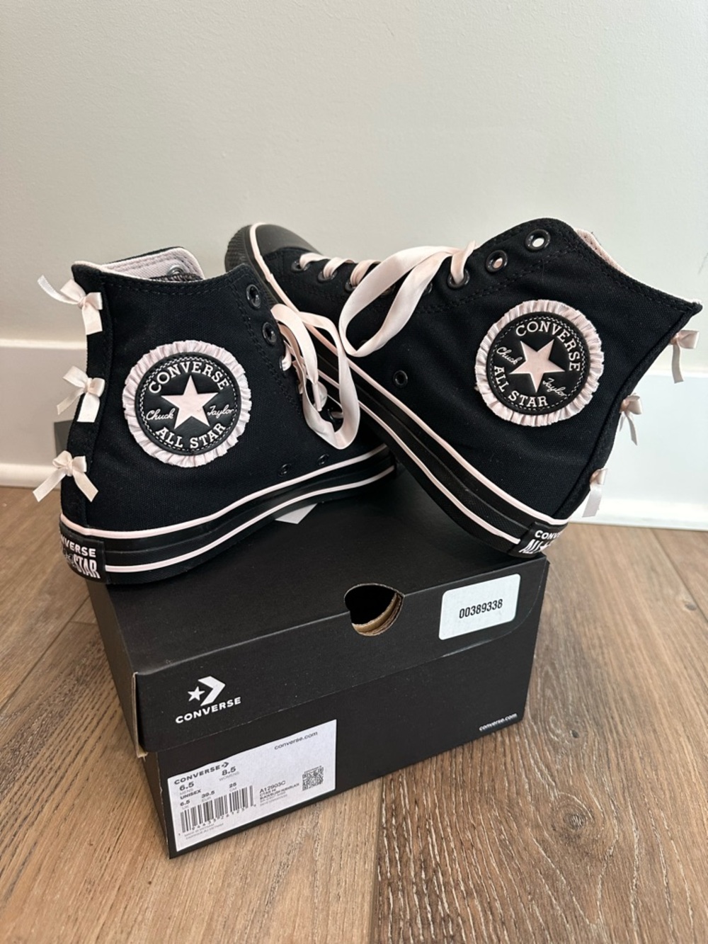 NIB Converse Black & Pink High Tops with Ribbons and Satin Laces, Size 8.5!